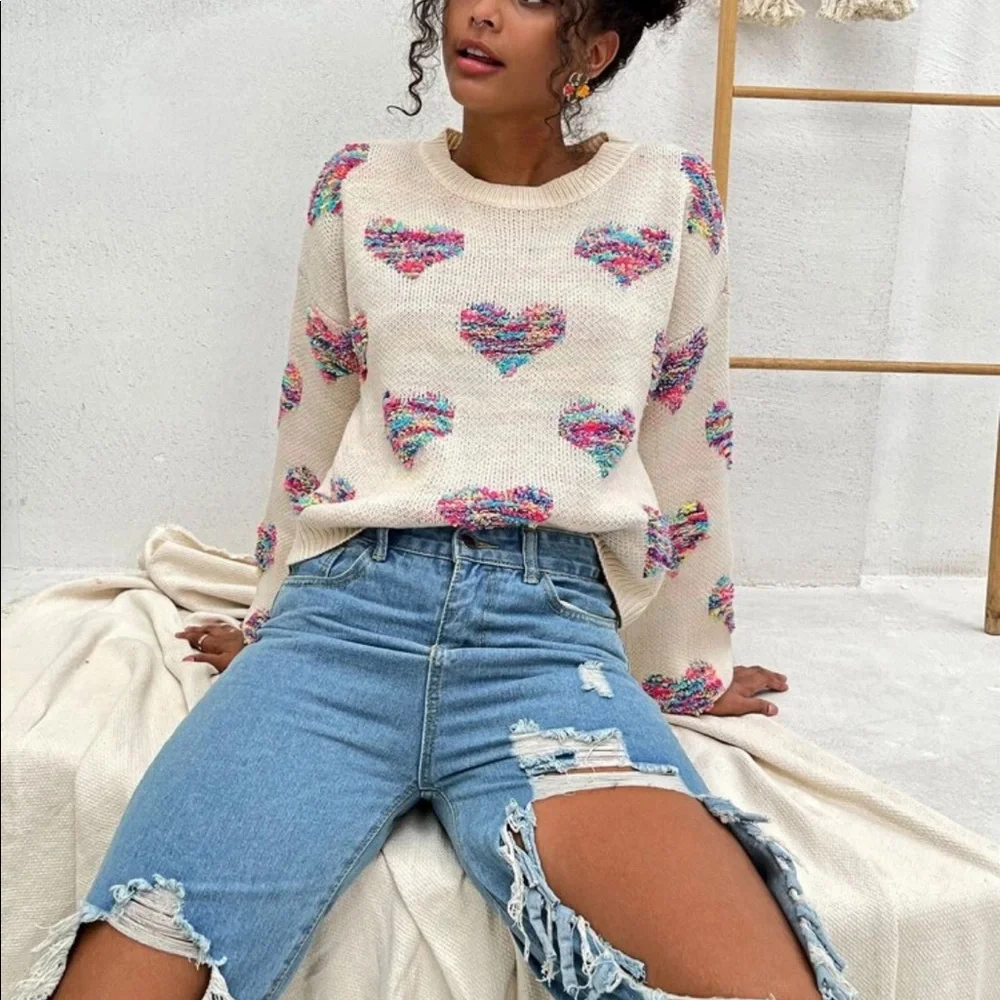 Sweater heart rainbow knit womens fuzzy cute - Picture 7 of 13